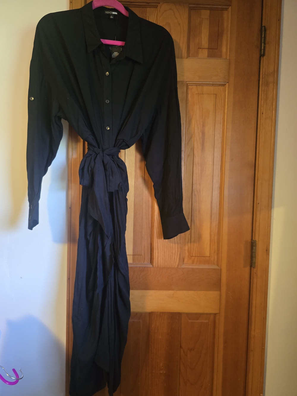 NWT Fashion Nova Womens Black Button-Front Tie-Waist Dress